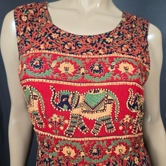 Vintage 90s Boho Maxi Granny Dress Size M Beaded Elephant Print Red Floral Rayon - Picture 2 of 11